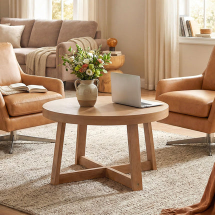 Dreamade 30" Wood Center Table with Thickened Tabletop & Cross-Shaped Pine Wood Frame