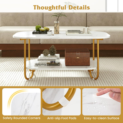 Dreamade 2 Tier Coffee Table with Storage Modern Faux Marble Center Table