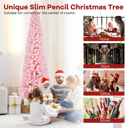 Dreamade 8ft Pink Slim Pencil Christmas Tree, Artificial Unlit Skinny Xmas Full Tree with 1000 Branch Tips