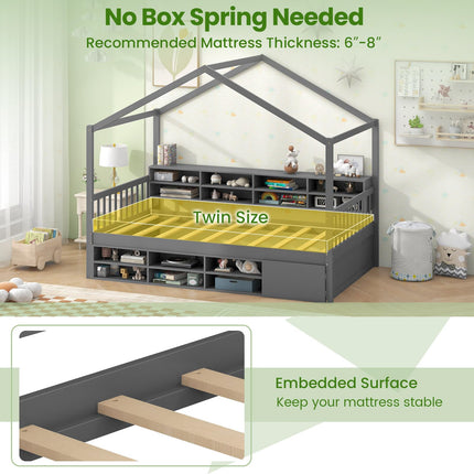 Dreamade Twin Size House Bed with Storage, Wooden Montessori House Bed with 14 Storage Cubes