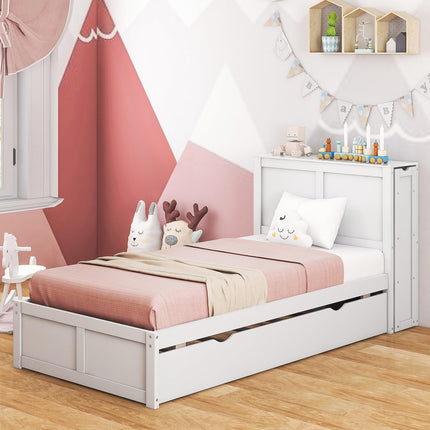 Dreamade Full Bed Frame with Twin Trundle, Wooden Bed Wooden Bed Frame with 2 Rolling Bookcases & High Headboard