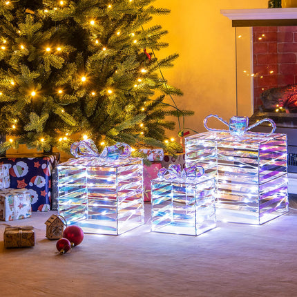 Dreamade 3 Pieces Christmas Lighted Gift Boxes, 90 LED Light up Present Boxes with Bows, Zip Ties & Ground Stakes