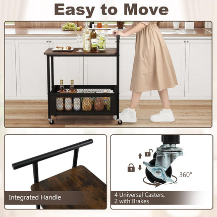 Dreamade Rolling End Table with Handle 2-Tier Sofa Side Table with Open Shelf & Mesh Basket