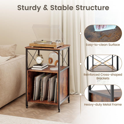 Dreamade Record Player Stand with Charging Station Rolling 3-Tier Turntable Stand