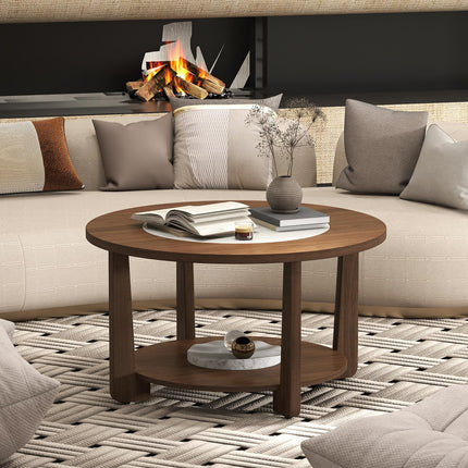 Dreamade 2-Tier Round Farmhouse Living Room Coffee Table with 2-Tone Tabletop