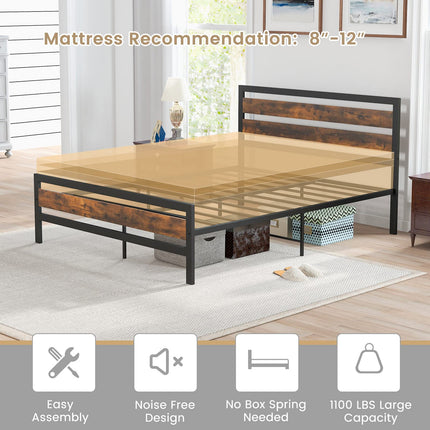 Dreamade Queen Metal Platform Bed Frame with Wooden Headboard & Footboard, Rustic Brown