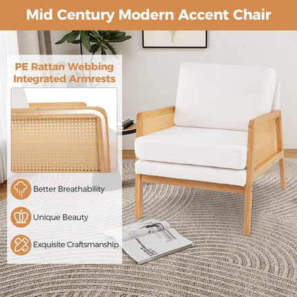 Dreamade Mid Century Modern Accent Chair, Boho Boucle Living Room Arm Chair w/Rattan Arms