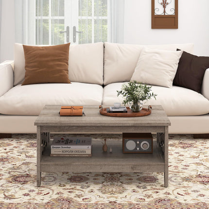 Dreamade 2-Tier Farmhouse Coffee Table with Open Shelf and Woven Decorations for Living Room