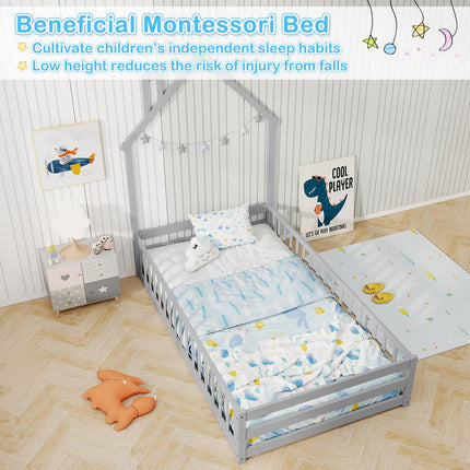 Dreamade Twin Floor Bed, House-Shaped Montessori Bed Frame with Headboard, Full-Length Guardrail