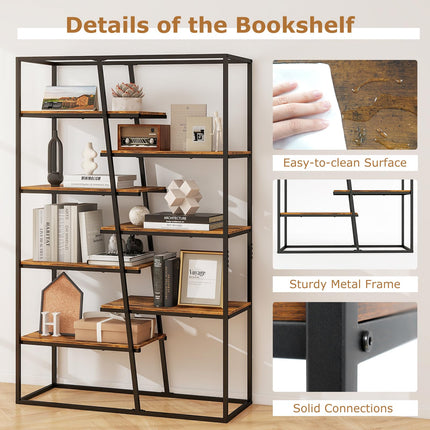 Dreamade 7-Tier Industrial Bookshelf, Heavy-Duty Staggered Bookcase, Freestanding Display Storage Rack