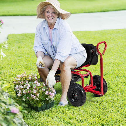 Dreamade Cushioned Rolling Garden Cart Scooter with Storage Basket and Tool Pouch