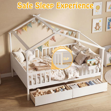 Dreamade Full Size House Bed with Roof and Fence Rails for Kid