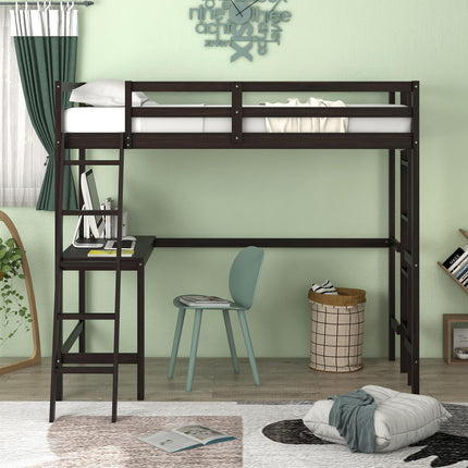 Dreamade Twin Size Loft Bed with Desk, Solid Wood Loft Bed with 2 Ladders & Full Length Guardrail