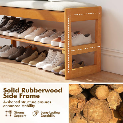 Dreamade Rubberwood Shoe Rack Bench with Linen Seat Cushion