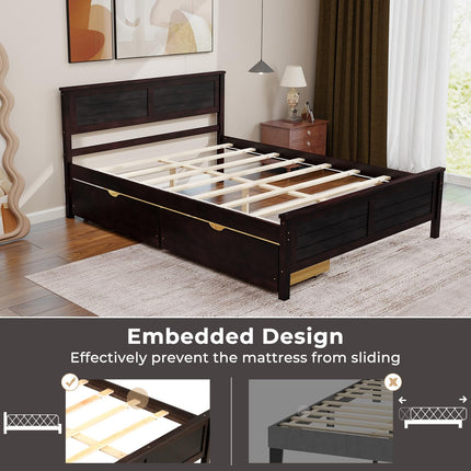 Dreamade Wood Full Size Bed Frame with 2 Storage Drawers, Solid Wood Platform Bed with Headboard