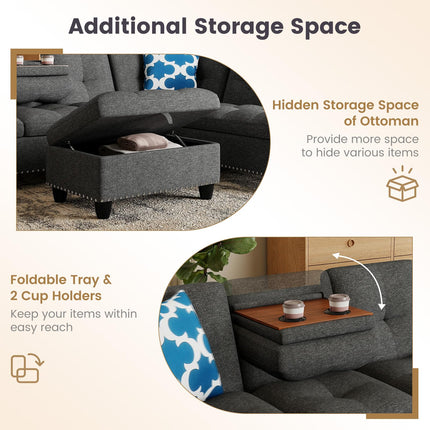 Dreamade 98 Inches Sectional Sofa Couch with Movable Storage Ottoman and Linen Fabric Backs