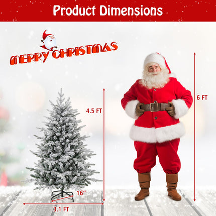 Dreamade 4.5ft Pre-Lit Snow Flocked Christmas Tree, Artificial Hinged Full Xmas Tree with 160 Multicolored LED Lights