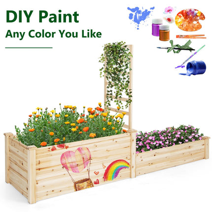 Dreamade Raised Garden Bed with Trellis, Set of 2 Wood Shallow & Deep Planter Box for Climbing Plants