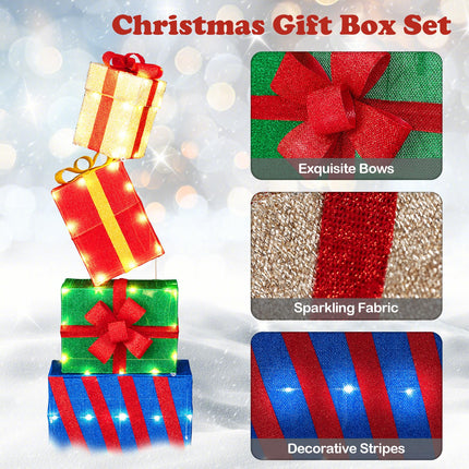 Dreamade Christmas Lighted Gift Boxes Set of 4 | Light Up Present Boxes with Colorful Bows