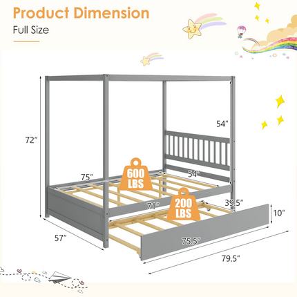 Dreamade Canopy Bed w/ Trundle, Full Size Kids Solid Wood Platform Bed Frame