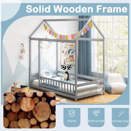 Dreamade Twin Floor Bed with Fence, Wood Montessori Bed with Safety Guardrails and 80.5" High Roof Design