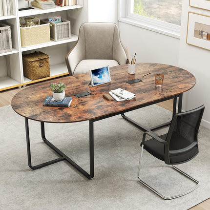 Dreamade Large Oval Meeting Table for 10 to 12 People with Dual Cable Holes and Metal Legs