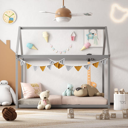Dreamade Twin House Bed, Wood Montessori Bed Frame with House Roof Canopy