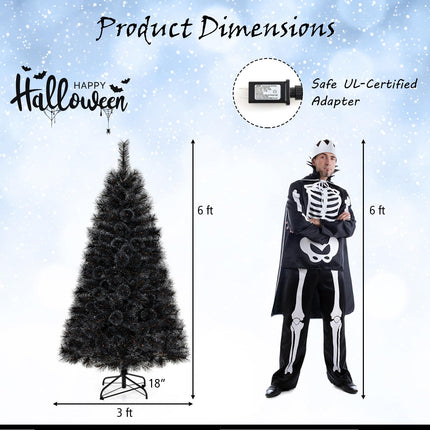 Dreamade 6/7/8 ft Pre-Lit Black Halloween Christmas Tree, Artificial Hinged Xmas Full Tree with 362/572/860 Pine Needles & PVC Branch Tips