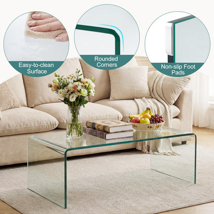 Dreamade 40 Inch Clear Center Coffee Table with Tempered Glass Top & Round Edges