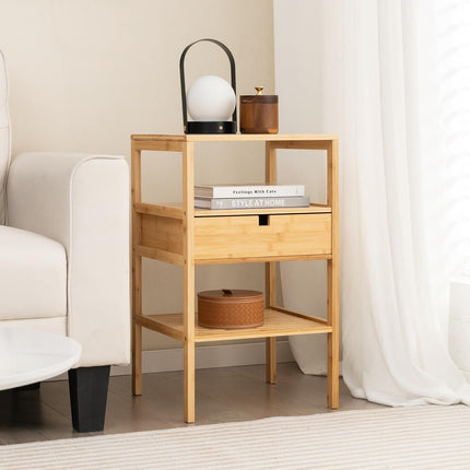 Dreamade Nightstand Set of 1/2, Bamboo End Table with Drawer and 2 Open Shelves
