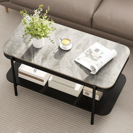Dreamade 2-Tier Coffee Table with Storage Faux Mable Center Table w/Sintered Stone Top