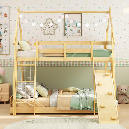 Dreamade Twin Over Queen Bunk Bed, Wood House Bunk Bed for Kids with Climbing Nets and Ramp