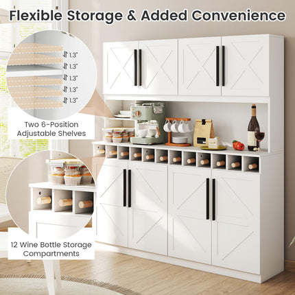 70 Inch Farmhouse Pantry Cabinet Kitchen Buffet Hutch with 4 Cabinets and 2 Open Shelves