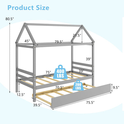 Dreamade House Bed with Trundle, Solid Wood Twin Size Daybed for Girls & Boys