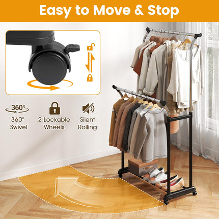 Dreamade Double Rod Clothing Rack with Adjustable Height & Wheels