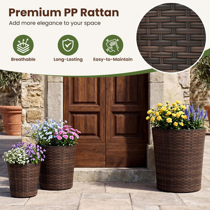 Dreamade Set of 3 Plastic Planters | 14 & 11 & 9 Inch Taper Rattan Planters with Drainage Holes and Saucers