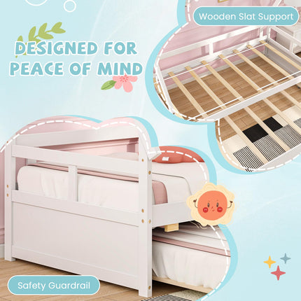 Dreamade Twin House Bed with Trundle, Wood Montessori Tent Bed Frame with Safety Guardrail