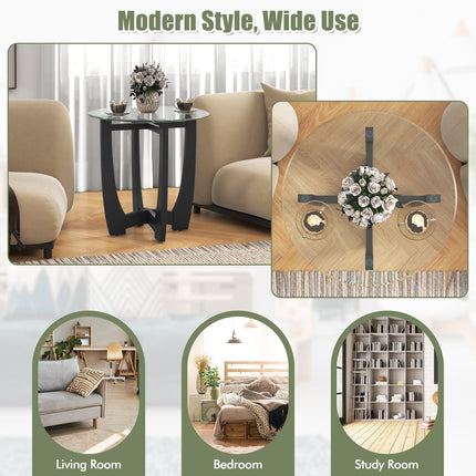 Dreamade Glass End Table, Round Side Table with Rubber Wood Frame & Tempered Glass Top, 23.5" Small Black Coffee Table