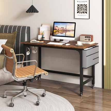 Dreamade 48" Rolling Computer Desk, Mobile Study Writing Desk with Wheels & Metal Frame, Simple Style Home Office Work Bench