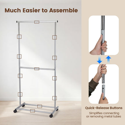 Dreamade Extendable Double-Rod Rolling Clothing Rack for Hanging Clothes