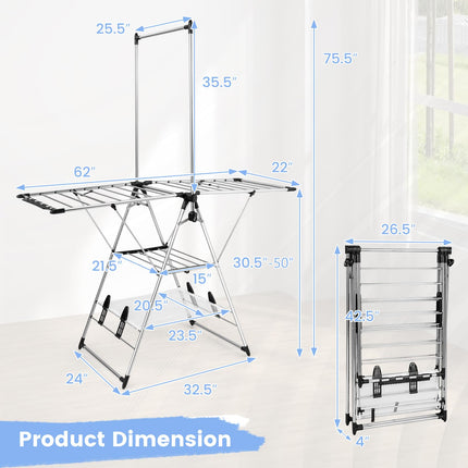 Dreamade Clothes Drying Rack, Aluminum Foldable Laundry Drying Rack with with 6-Level Adjustable Height