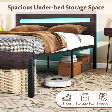 Dreamade Full Size LED Bed Frame with Charging Station Rustic Metal Platform Bed
