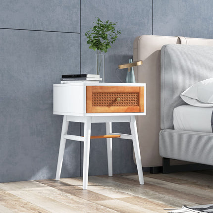 Dreamade Rattan Nightstand, Boho End Side Table with Rattan Decorated Storage Drawer & Solid Wood Legs
