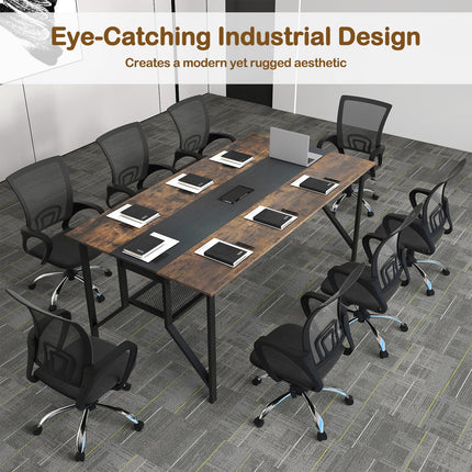 Dreamade Rectangular Meeting Table with Mesh Storage Shelf and Cable Grommet