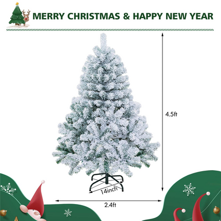 Dreamade 4.5 FT Pre-Lit Snow Flocked Christmas Tree, Artificial Hinged Xmas Tree W/ 150 LED Lights - DreamadeUS