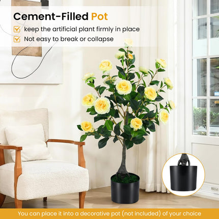 Dreamade 35.5" Artificial Camellia Tree Faux Floral Plant Blooming Tree in Cement Pot