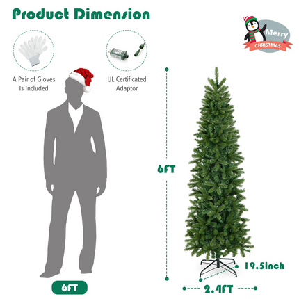 Dreamade 6ft / 7ft Pre-Lit Pencil Christmas Tree, Hinged Artificial Slim Tree with 648 PVC PE Branch Tips - DreamadeUS