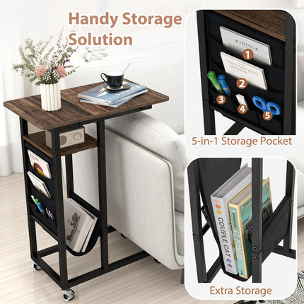 Dreamade C Shaped End Table with Charging Station and Wheels