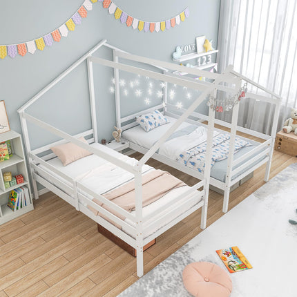 Dreamade Double Twin Bed Frames for Kids, Wood House Shaped Platform with Built-in Nightstand & USB Port