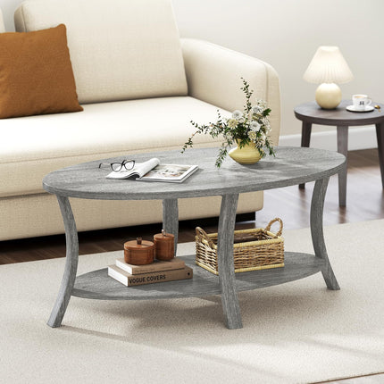 Dreamade 44 Inch Oval Coffee Table 2-Tier Center Table with Storage Shelf & Rubber Wood Frame